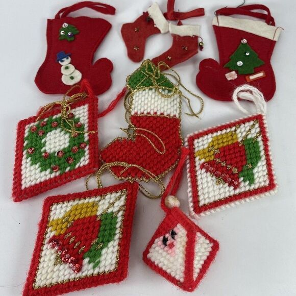 Lot Plastic Canvas Yarn Needlework Quilted Felt Cut Out Christmas Ornaments VTG - Picture 1 of 12